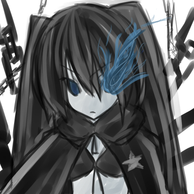 soralu, black rock shooter (character), hatsune miku, black rock shooter, vocaloid, lowres, 10s, 1girl, black hair, blue eyes, blue theme, female focus, midriff, monochrome, solo, spot color