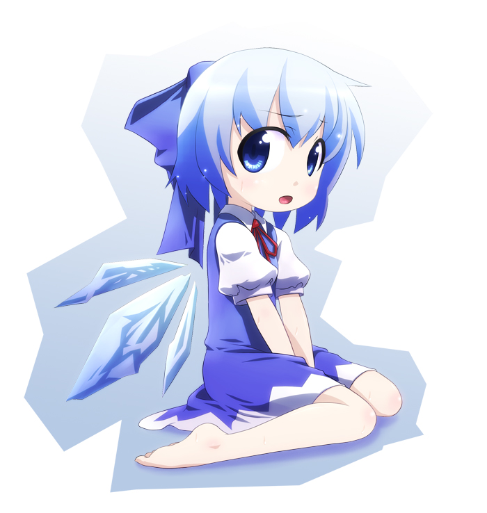 kusaba, kusaba (kusabashiki), cirno, embodiment of scarlet devil, touhou, 1girl, barefoot, blue hair, feet, female focus, ribbon, short hair, solo, wings