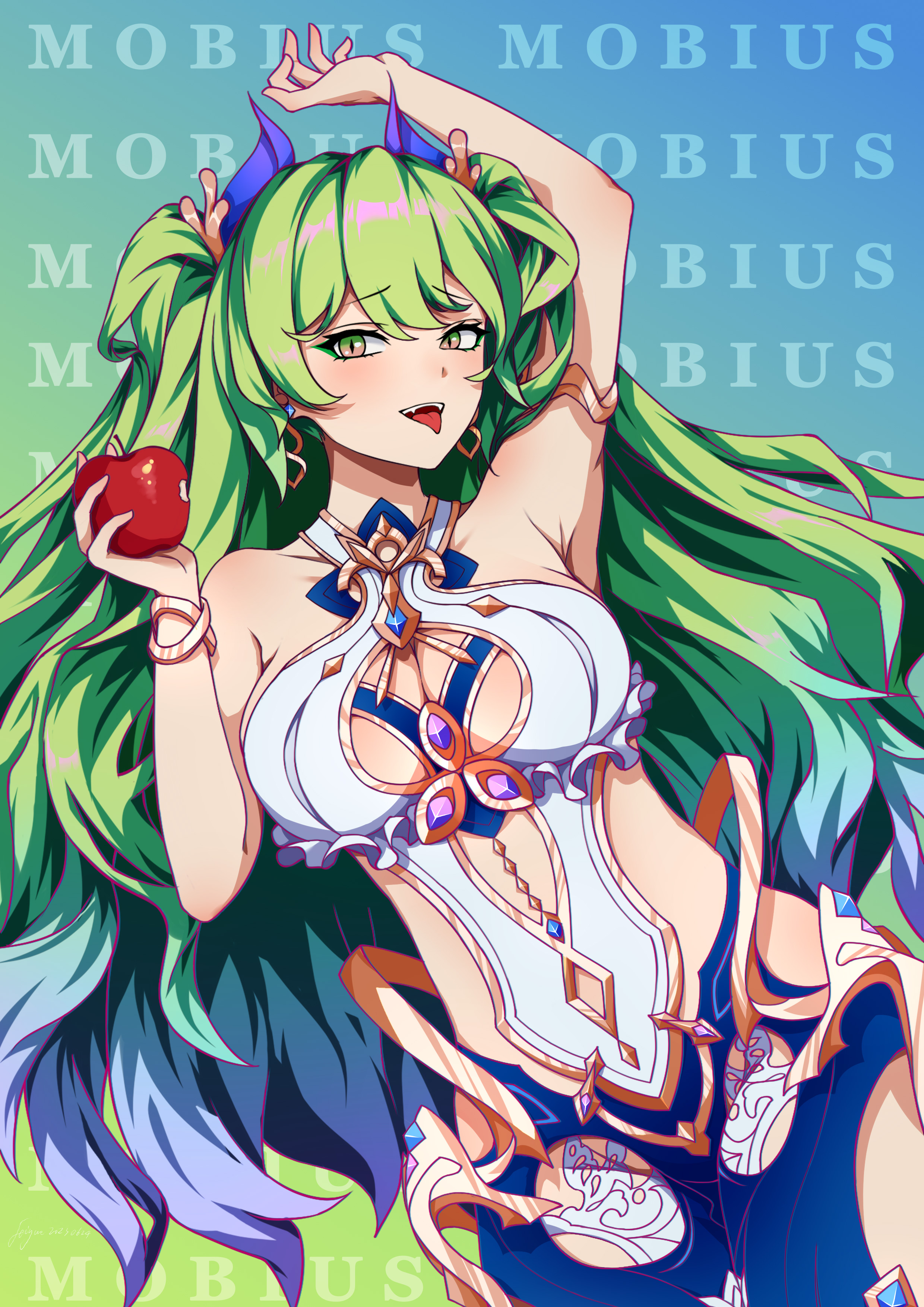 feiyue, mobius (daughter of corals) (honkai impact), mobius (honkai impact), honkai (series), honkai impact 3rd, absurdres, commentary request, highres, 1girl, alternate breast size (larger), apple, arm up, armpits, blue horns, breasts, character name, cleavage cutout, clothing cutout, earrings, fake horns, food, fruit, green hair, holding, holding food, holding fruit, horns, jewelry, large breasts, long hair, mermaid costume, official alternate costume, official alternate hairstyle, side cutout, solo, twintails, two-tone background, very long hair