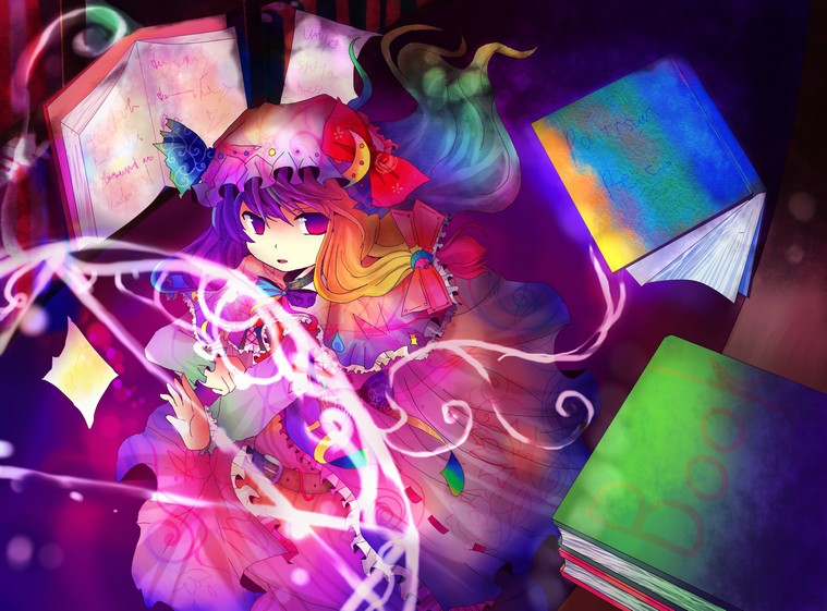 kazu (muchuukai), patchouli knowledge, touhou, bad id, bad pixiv id, 1girl, book, bow, bowtie, colorful, female focus, floating, floating book, floating object, hat, long hair, magic circle, mob cap, purple bow, purple bowtie, purple hair, ribbon, solo, standing
