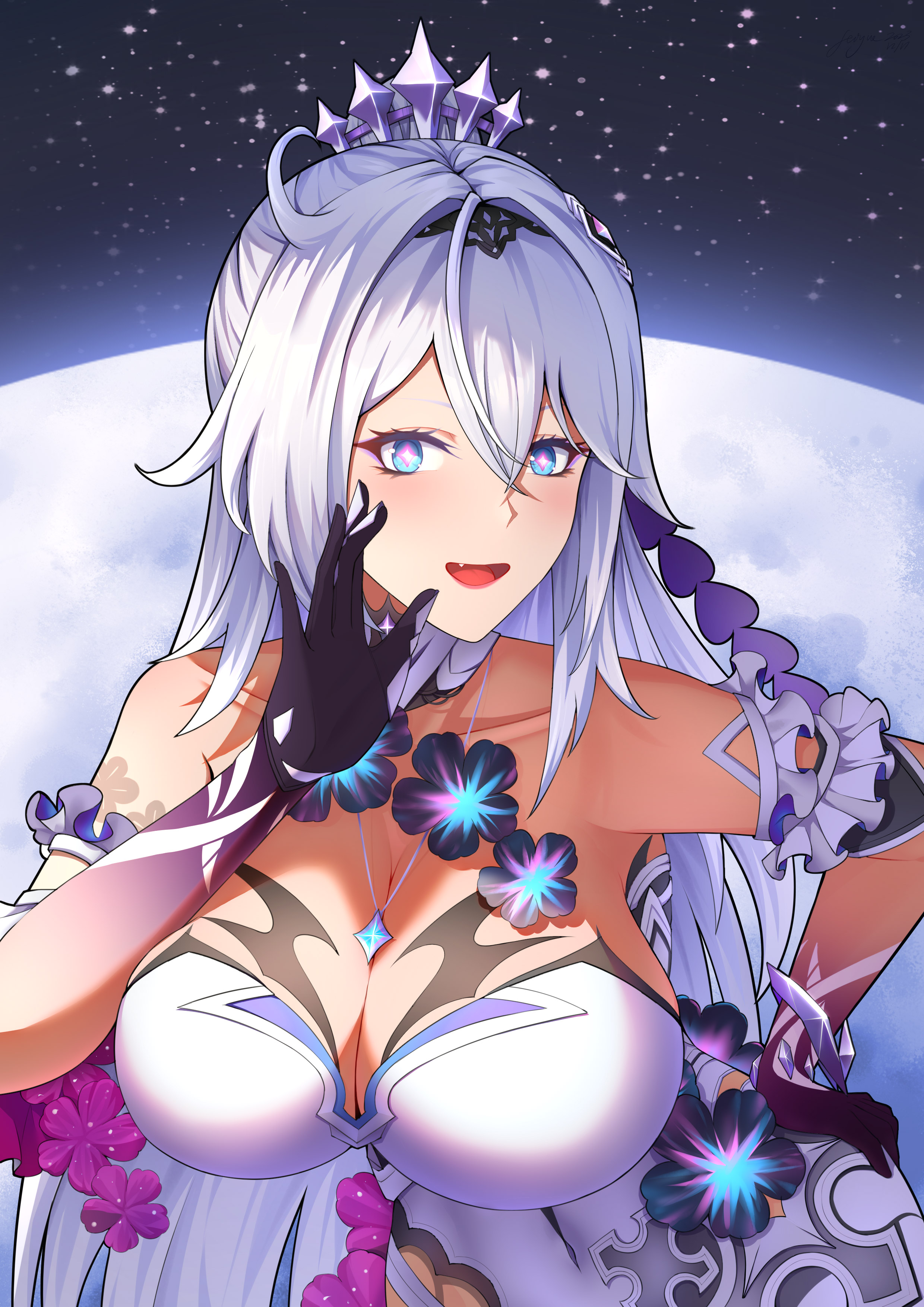feiyue, kiana kaslana, kiana kaslana (herrscher of finality), honkai (series), honkai impact 3rd, absurdres, commentary, commentary request, english commentary, highres, mixed-language commentary, 1girl, ahoge, bare shoulders, blue eyes, breasts, cleavage, dress, large breasts, long hair, looking at viewer, moon, parted lips, purple hands, sky, solo, star-shaped pupils, star (sky), star (symbol), starry sky, symbol-shaped pupils, tiara, very long hair, white dress, white hair