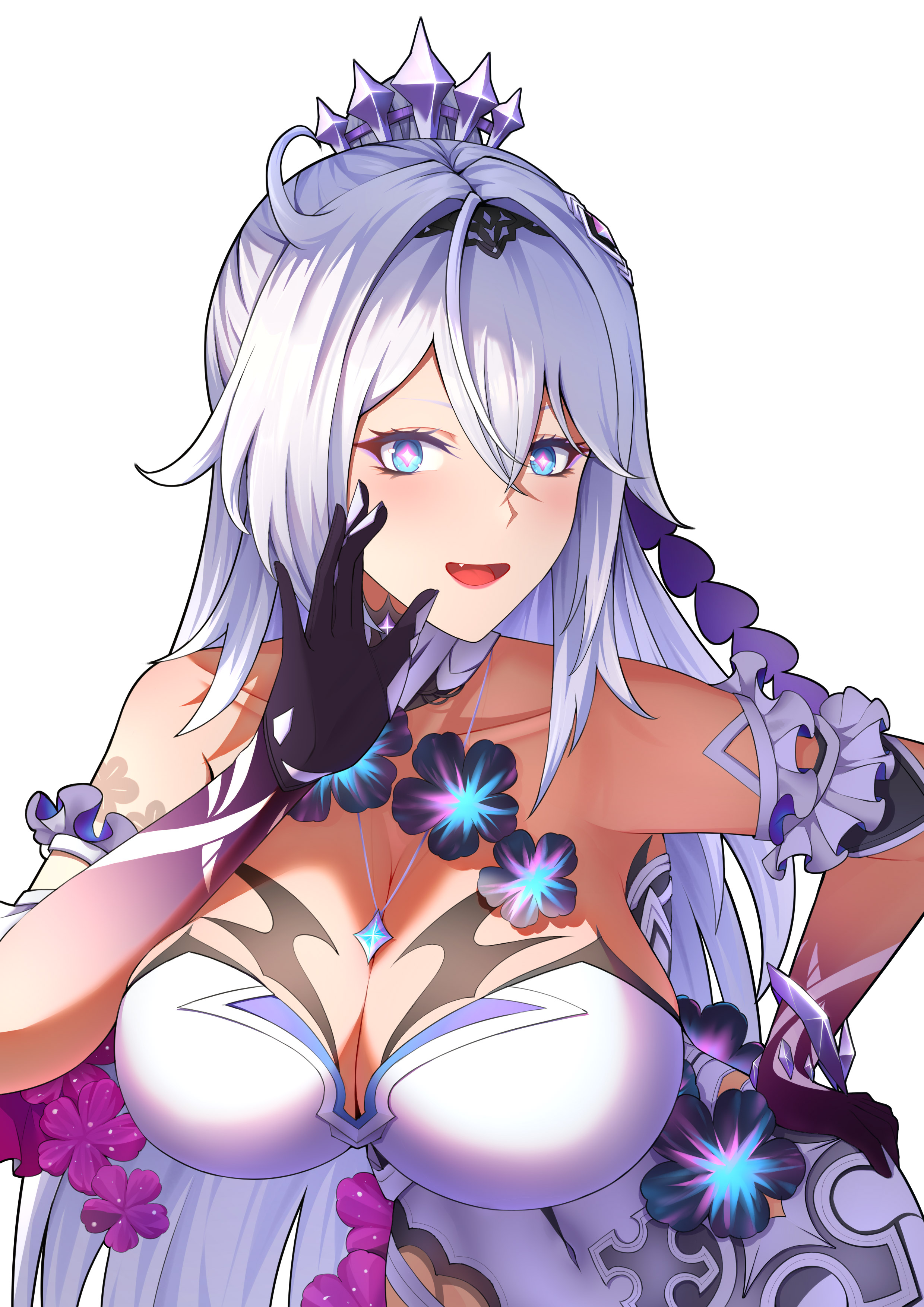 feiyue, kiana kaslana, kiana kaslana (herrscher of finality), honkai (series), honkai impact 3rd, absurdres, commentary, commentary request, english commentary, highres, mixed-language commentary, 1girl, ahoge, bare shoulders, blue eyes, breasts, cleavage, dress, large breasts, long hair, looking at viewer, parted lips, purple hands, simple background, solo, star-shaped pupils, star (symbol), symbol-shaped pupils, tiara, very long hair, white background, white dress, white hair