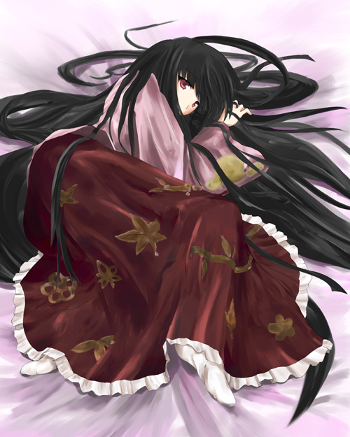 lycee62, ri (pixiv), houraisan kaguya, touhou, 1girl, bed, black hair, female focus, japanese clothes, kimono, long hair, lying, on side, red eyes, solo, very long hair, wide sleeves