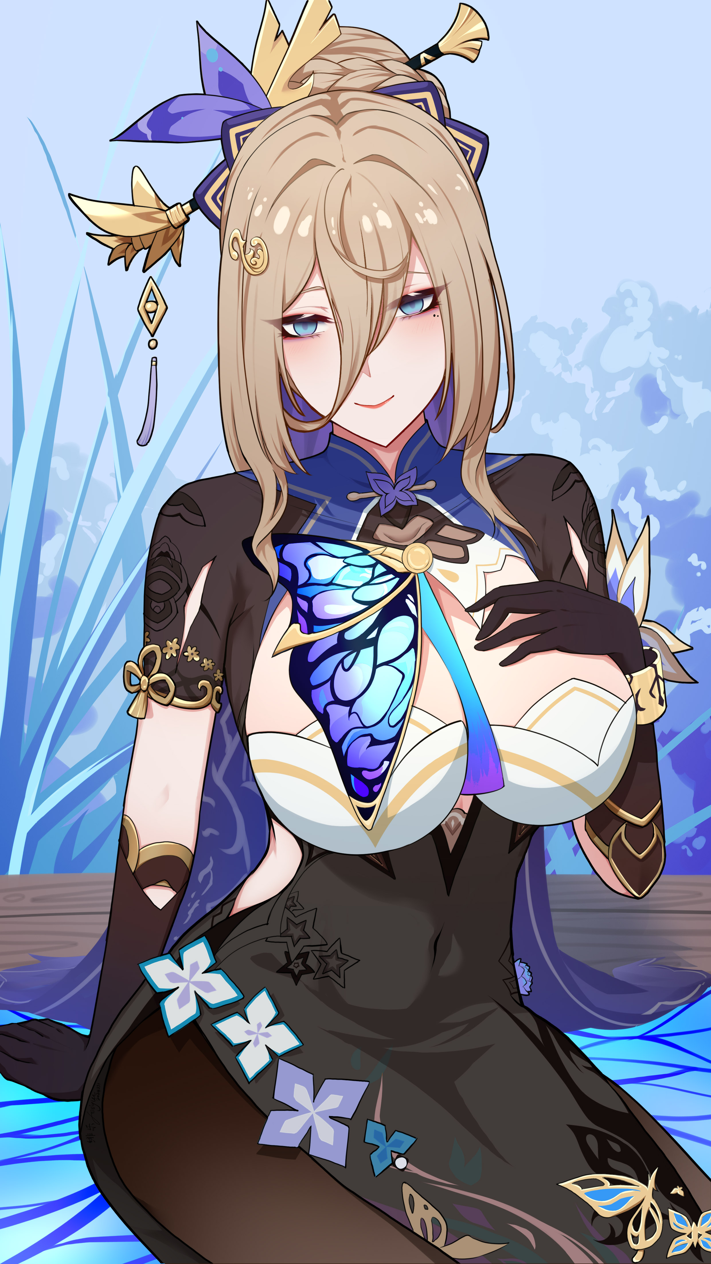 feiyue, aponia, aponia (butterfly dreams), honkai (series), honkai impact 3rd, absurdres, commentary request, highres, 1girl, black dress, black gloves, black pantyhose, blonde hair, blue eyes, breasts, dress, gloves, hair ornament, hand on own chest, large breasts, looking at viewer, medium hair, mole, mole under eye, official alternate costume, pantyhose, shrug (clothing), sitting, smile, solo