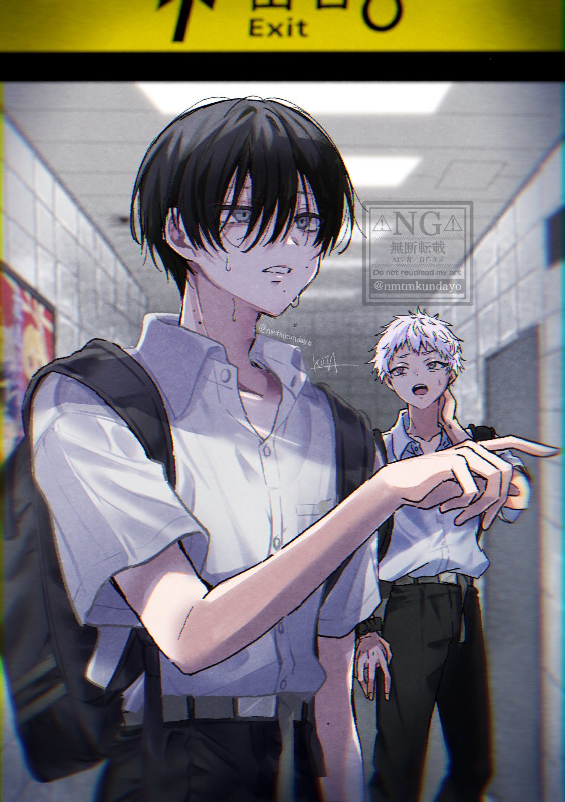 nmtmkundayo, indou hikaru, tsujinaka yoshiki, hikaru ga shinda natsu, highres, 2boys, backpack, bag, black bag, black hair, black pants, collared shirt, hair between eyes, hand on own neck, male focus, mole, mole on cheek, mole on neck, mole under mouth, multiple boys, open mouth, pants, parted lips, pointing, school uniform, shirt, short hair, sweat, twitter username, upper body, white hair, white shirt