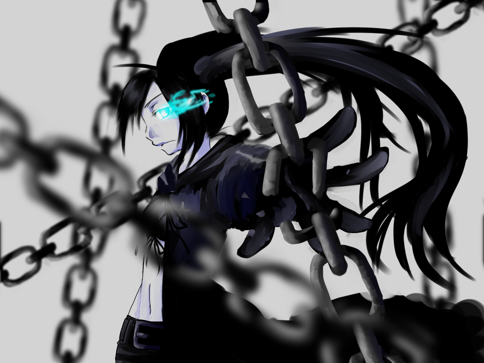 nekoguma, black rock shooter (character), hatsune miku, black rock shooter, vocaloid, bad id, bad pixiv id, highres, 10s, 1girl, blue eyes, chain, female focus, midriff, navel, solo, twintails