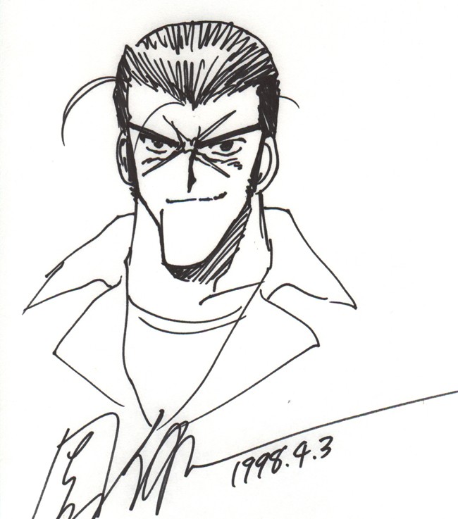 sonoda ken'ichi, bean bandit, gunsmith cats, riding bean, 1980s (style), traditional media, 1990s (style), 1998, 1boy, cross scar, greyscale, looking at viewer, male focus, monochrome, oldschool, retro artstyle, scar, signature, simple background, sketch, solo, white background