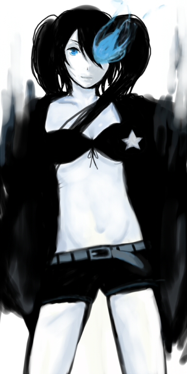 ochori, black rock shooter (character), hatsune miku, black rock shooter, vocaloid, bad id, bad pixiv id, 10s, 1girl, black hair, blue eyes, female focus, midriff, monochrome, navel, solo, spot color, twintails