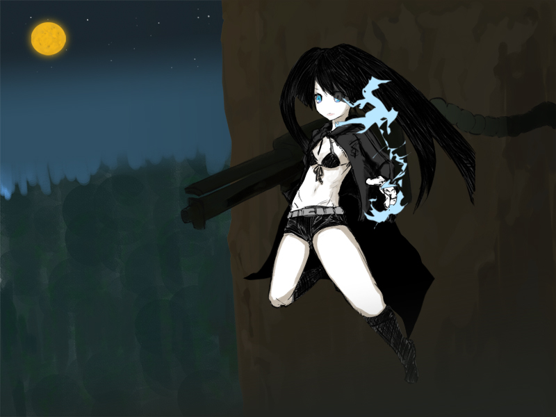 suho, black rock shooter (character), hatsune miku, black rock shooter, vocaloid, bad id, bad pixiv id, 10s, 1girl, black hair, blue eyes, female focus, midriff, navel, outdoors, sky, solo, twintails