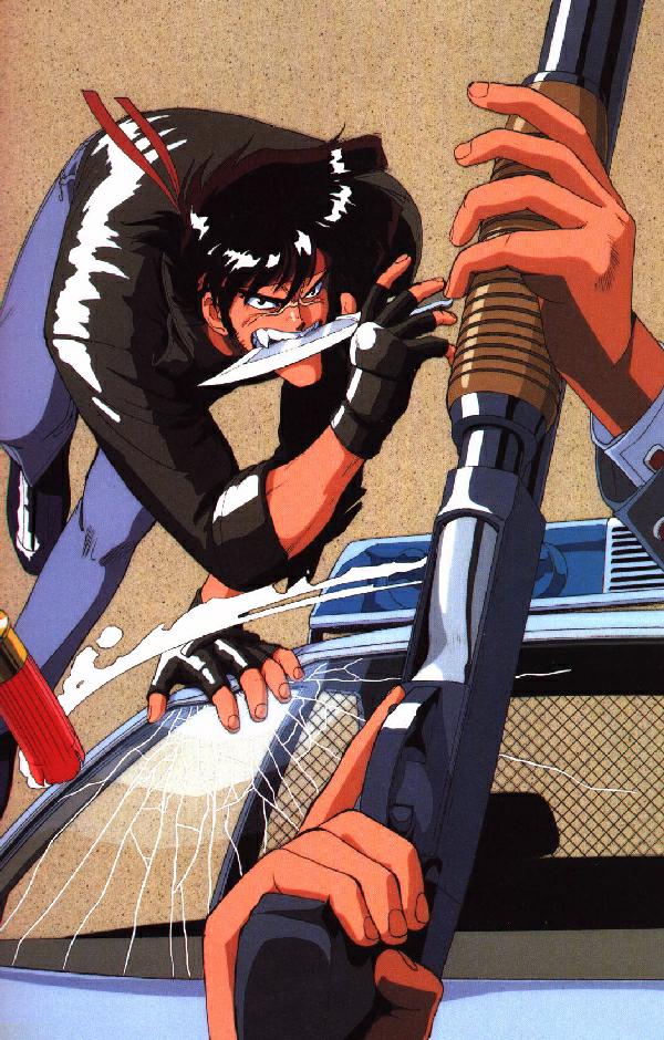sonoda ken'ichi, bean bandit, riding bean, 1980s (style), 1boy, black hair, broken glass, car, denim, fang, fingerless gloves, glass, gloves, gun, headband, jeans, jumping, knife, male focus, male hand, manly, motor vehicle, mouth hold, oldschool, on car, pants, police, retro artstyle, scar, shell casing, short hair, shotgun, sideburns, solo, weapon