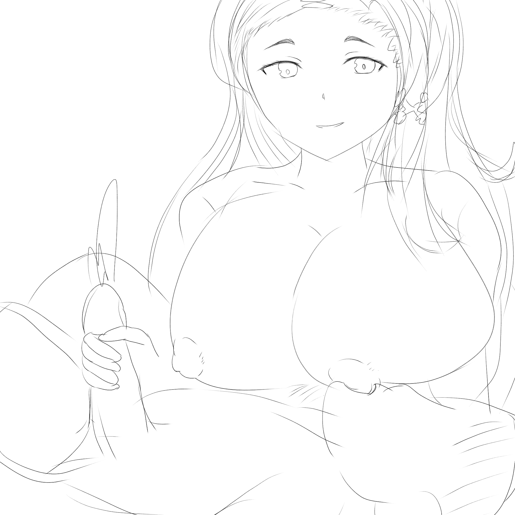 mona lisa (grimms notes), grimms notes, highres, 1boy, 1girl, breast sucking, handjob, long hair, penis, qqq33456, sketch, smile, uncensored
