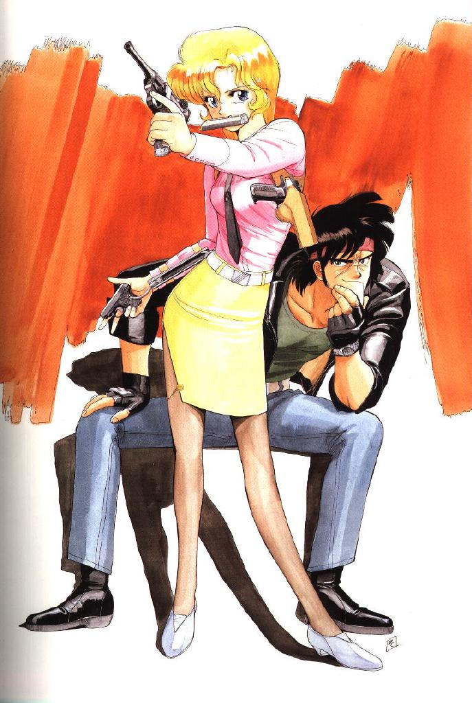 sonoda ken'ichi, bean bandit, rally vincent (riding bean), riding bean, 1980s (style), official art, 1boy, 1girl, belt, black hair, blonde hair, blue eyes, boots, cross scar, cz 75, dual wielding, fingerless gloves, gloves, grin, gun, handgun, head rest, headband, high heels, holding, holster, jacket, looking at viewer, luger p08, manly, miniskirt, mouth hold, necktie, oldschool, pantyhose, pistol, retro artstyle, scar, shoes, short hair, sideburns, signature, sitting, skirt, sleeves rolled up, smile, spread legs, standing, watch, weapon, wristwatch
