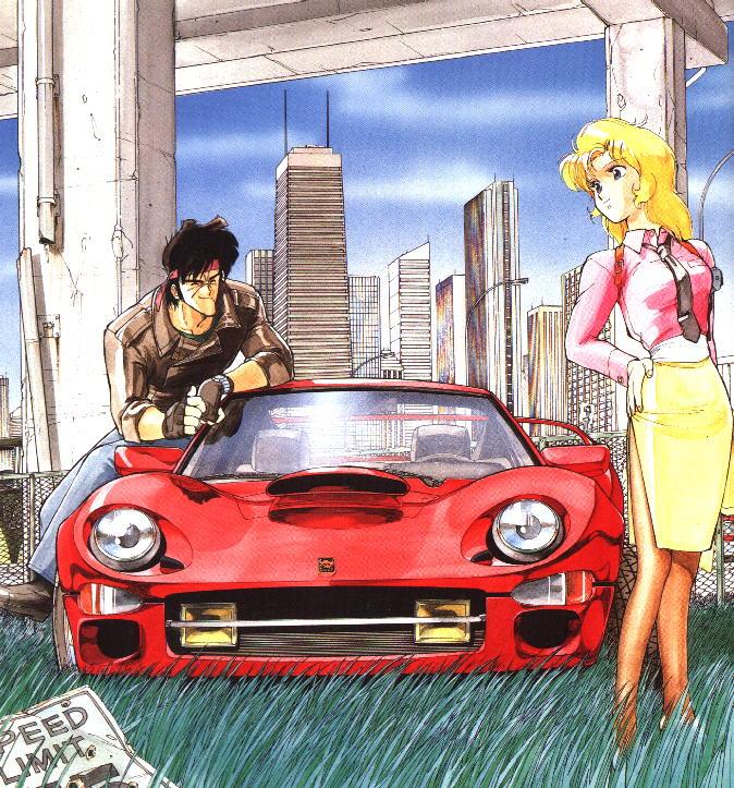 sonoda ken'ichi, bean bandit, rally vincent (riding bean), riding bean, 1980s (style), official art, 1boy, 1girl, black hair, blonde hair, blue eyes, boots, building, car, city, day, denim, fingerless gloves, gloves, grass, gun, hand on own hip, handgun, headband, hip focus, holster, jacket, jeans, leather, leather jacket, miniskirt, motor vehicle, necktie, oldschool, outdoors, pants, pantyhose, retro artstyle, scar, short hair, sideburns, skirt, sky, sleeves rolled up, smile, standing, vehicle focus, weapon