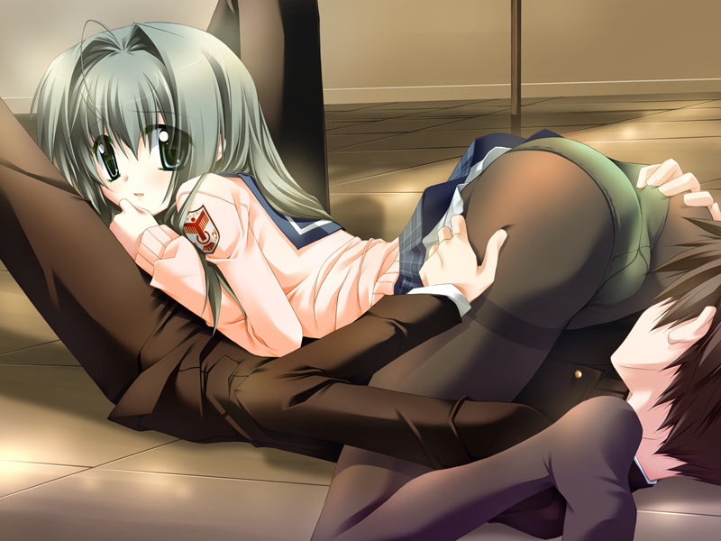 minazuki haruka, misato miku, mashiro botan, mashirobotan shokai han, hand on thigh, game cg, 1boy, 1girl, 69, ass, blush, grabbing another's ass, green panties, groping, gusset, hetero, panties, panties under pantyhose, pantyhose, pantyshot, school uniform, serafuku, solo focus, thighband pantyhose, underwear, upskirt