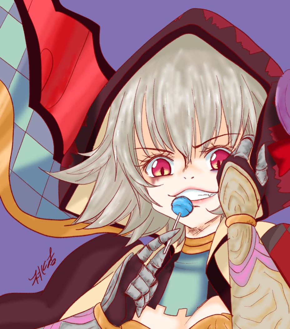 candy witch (grimms notes), grimms notes, bad id, bad twitter id, 1girl, blonde hair, grin, hood, hood up, smile, solo, teeth, tokonoisy