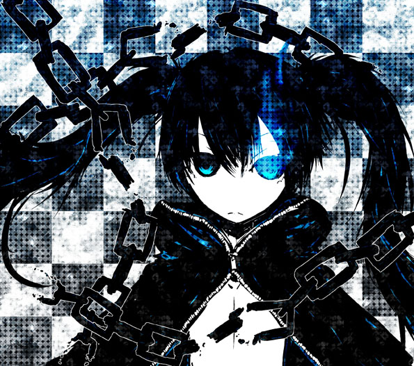 2215, 221 (tsutsuichi), black rock shooter (character), hatsune miku, black rock shooter, vocaloid, 10s, 1girl, blue eyes, chain, cross, female focus, long hair, midriff, shorts, solo, twintails
