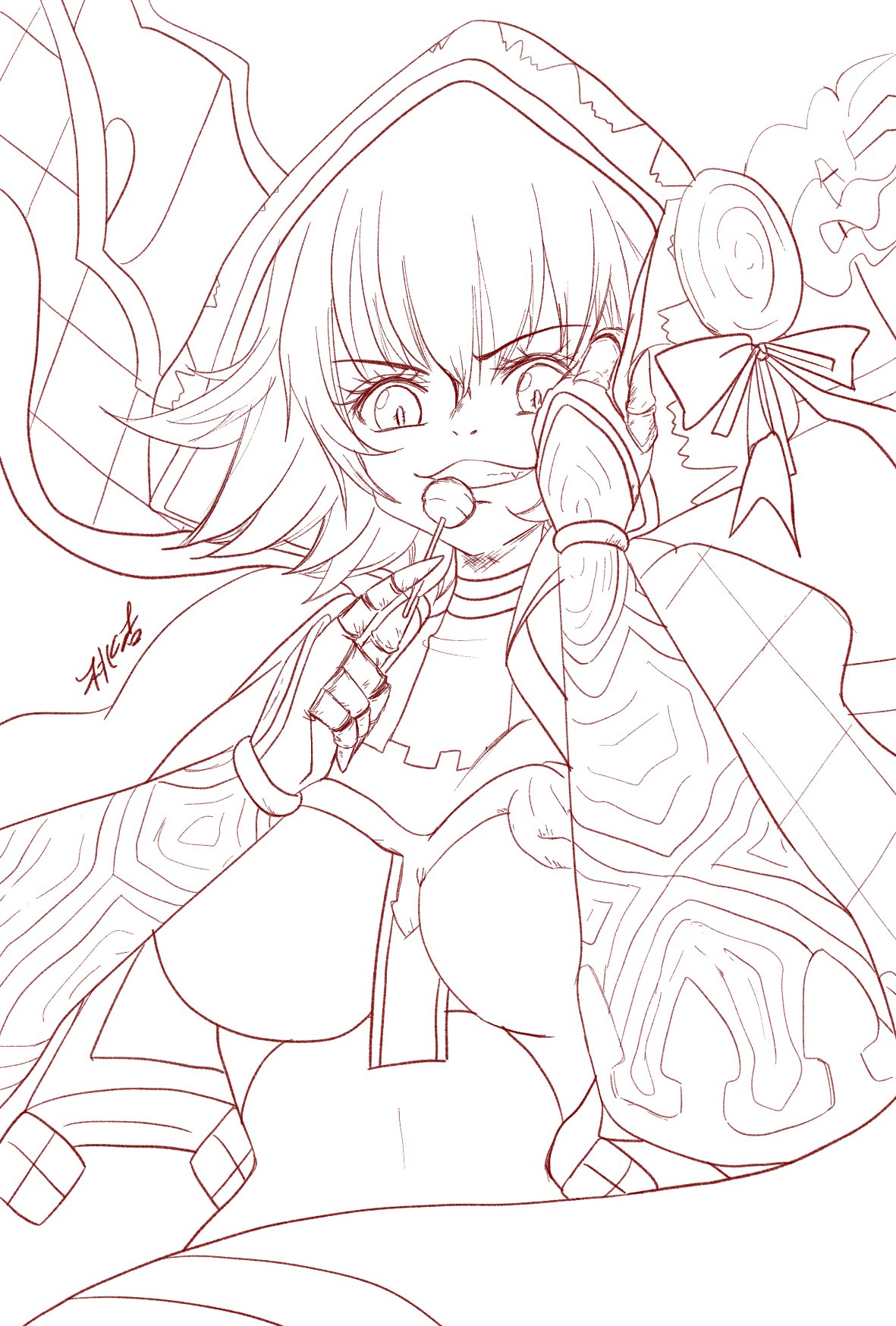 candy witch (grimms notes), grimms notes, bad id, bad twitter id, highres, unfinished, 1girl, grin, hood, hood up, smile, solo, teeth, tokonoisy