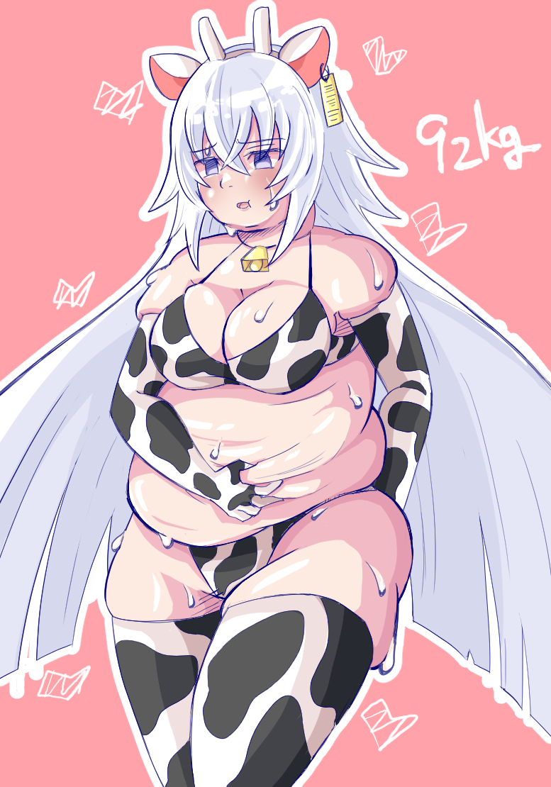 magic mirror (grimms notes), grimms notes, animal print, breasts, cow print, fat, long hair, obese, sanshouo999, very long hair, weight gain