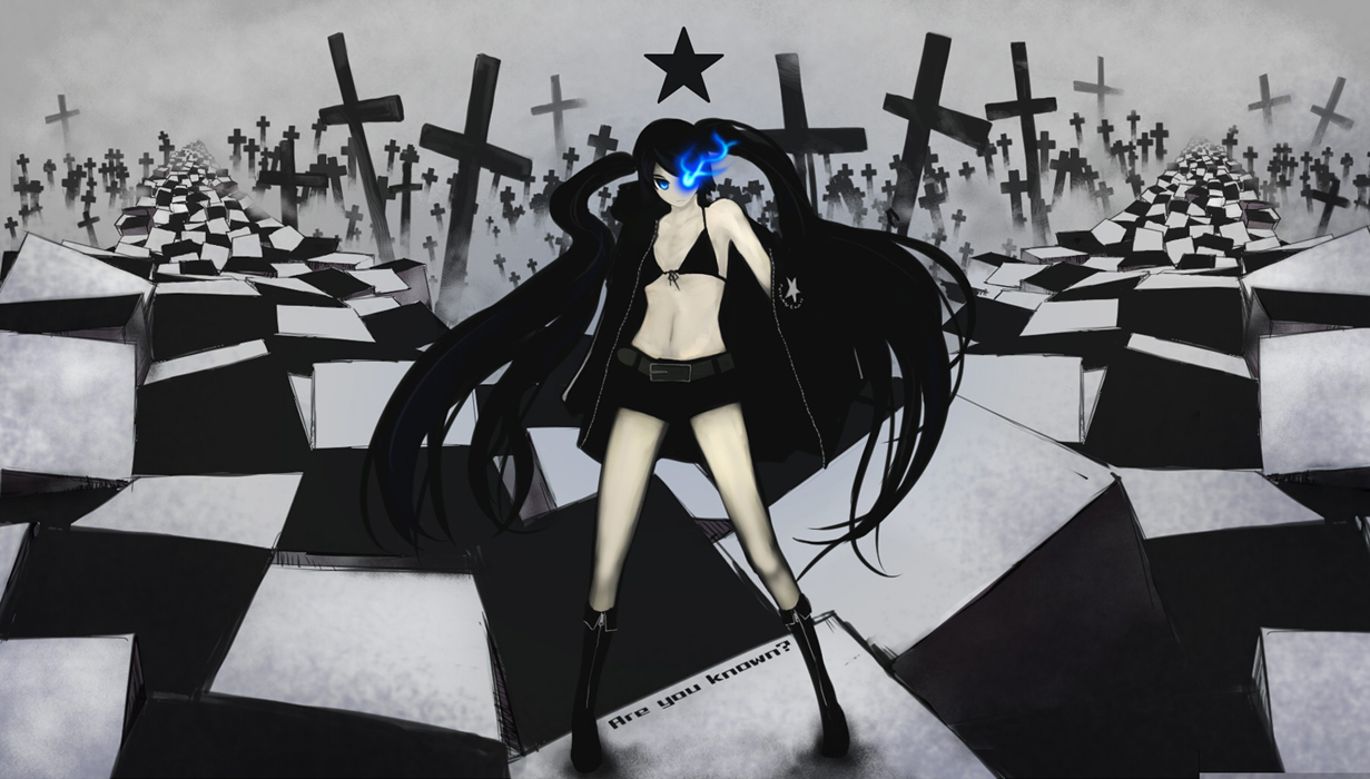 yunar, black rock shooter (character), black rock shooter, 10s, 1girl, cross, female focus, latin cross, long hair, midriff, shorts, solo, twintails