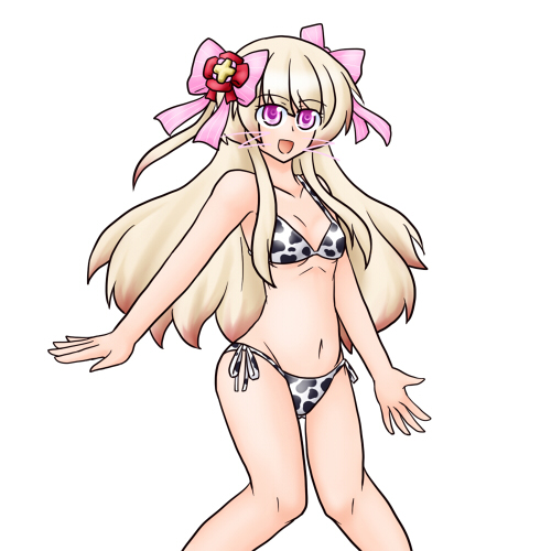 chaos marie (grimms notes), grimms notes, 1girl, animal print, bikini, blonde hair, breasts, colllarbone, cow print, cow print bikini, hair ribbon, long hair, navel, open mouth, pink ribbon, print bikini, ribbon, simple background, smile, solo, standing, swimsuit, white background