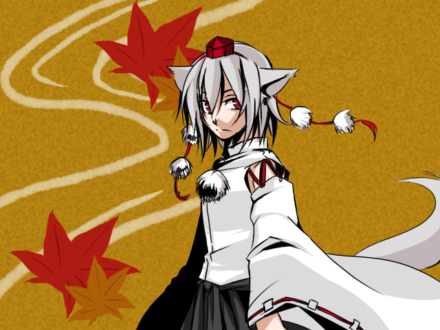 manose, inubashiri momiji, touhou, 1girl, animal ears, female focus, hat, plant, short hair, solo, standing, tail, wolf ears, wolf tail