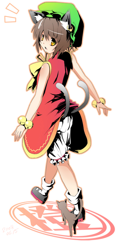 itose ikuto, chen, touhou, bad id, bad pixiv id, 1girl, animal ears, bloomers, cat, cat ears, cat tail, china dress, chinese clothes, dress, earrings, female focus, full body, hat, jewelry, ribbon, short hair, solo, tail, underwear, white background, white bloomers