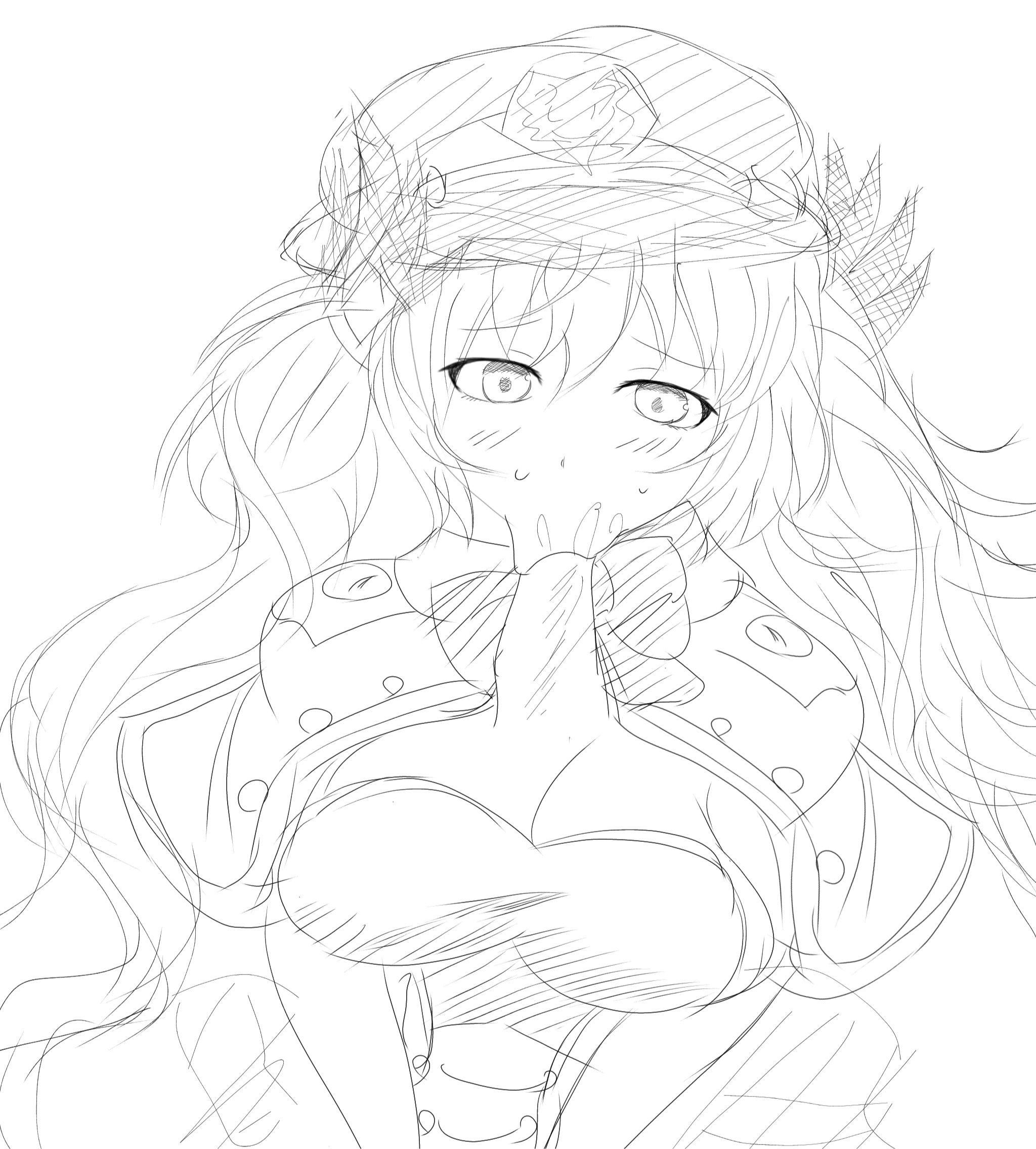 chaos gerda (gakuen) (grimms notes), chaos gerda (grimms notes), grimms notes, grimms notes gakuen, highres, 1girl, :>=, hat, penis, qqq33456, sketch, solo focus, twintails