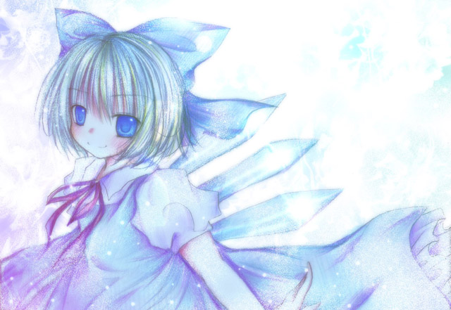 kasuga sunao, cirno, embodiment of scarlet devil, touhou, silver hair, 1girl, blue bow, blue eyes, blue theme, bow, female focus, hair bow, ice, ice wings, looking at viewer, puffy short sleeves, puffy sleeves, red ribbon, ribbon, short sleeves, simple background, solo, upper body, white background, wings