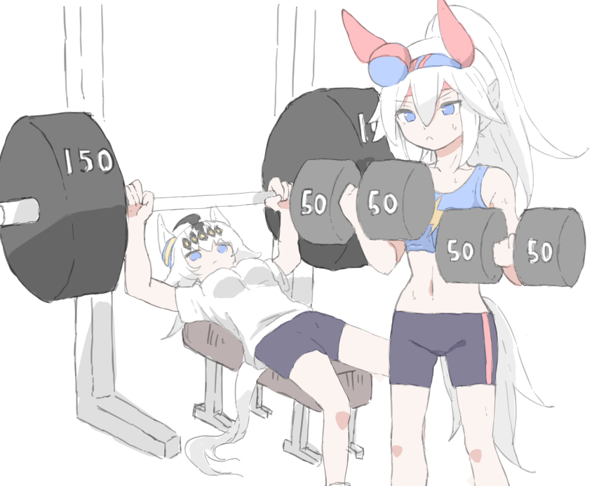 norippe (user zgsf8872), oguri cap (umamusume), tamamo cross (umamusume), umamusume, commentary request, 2girls, ahoge, animal ears, barbell, bare shoulders, black hair, black shorts, blue eyes, blue hairband, breasts, closed mouth, dumbbell, exercising, hair between eyes, hairband, headband, holding, horse ears, horse girl, horse tail, long hair, lying, multicolored hair, multiple girls, navel, on back, ponytail, red headband, shirt, shorts, small breasts, standing, strong, tail, two-tone hair, v-shaped eyebrows, weightlifting, white hair, white shirt