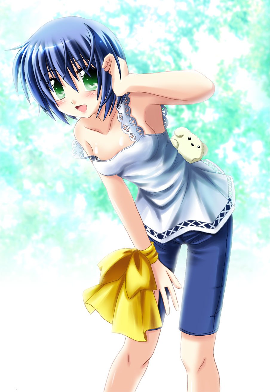 otoki raku, kirishima kano, air (visual novel), highres, 00s, blue hair, blush, green eyes, short hair, solo