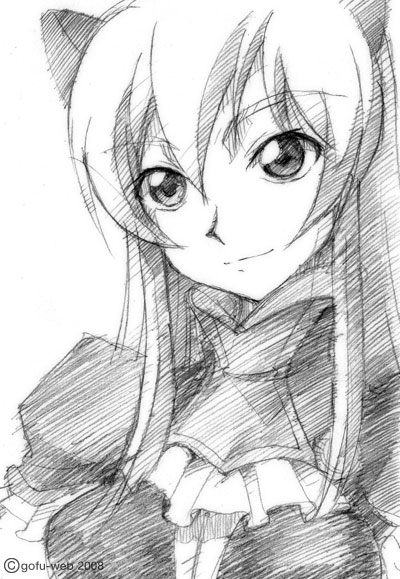 gofu, fatina, druaga no tou, traditional media, 1girl, breasts, female focus, gothic lolita, greyscale, kurefuu, lolita fashion, long hair, monochrome, sketch, solo, upper body, white background