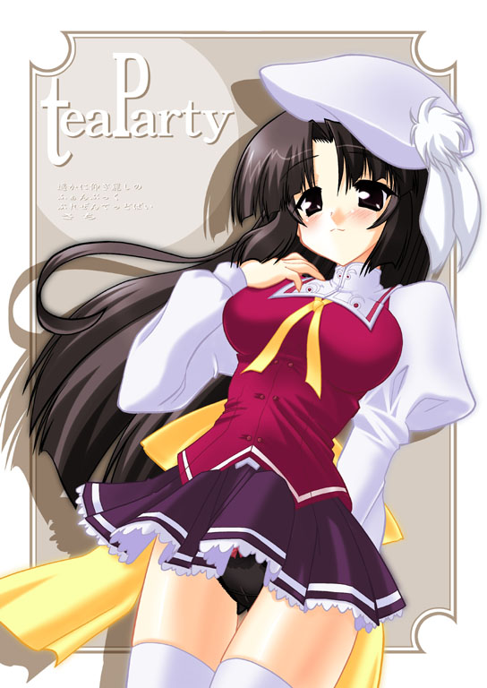 saano chia, mishima kyouka, haruka ni aogi uruwashi no, beret, black eyes, black hair, black panties, blush, feathers, hat, long hair, panties, ribbon, school uniform, serafuku, shadow, skirt, solo, thighhighs, underwear, white thighhighs, zettai ryouiki