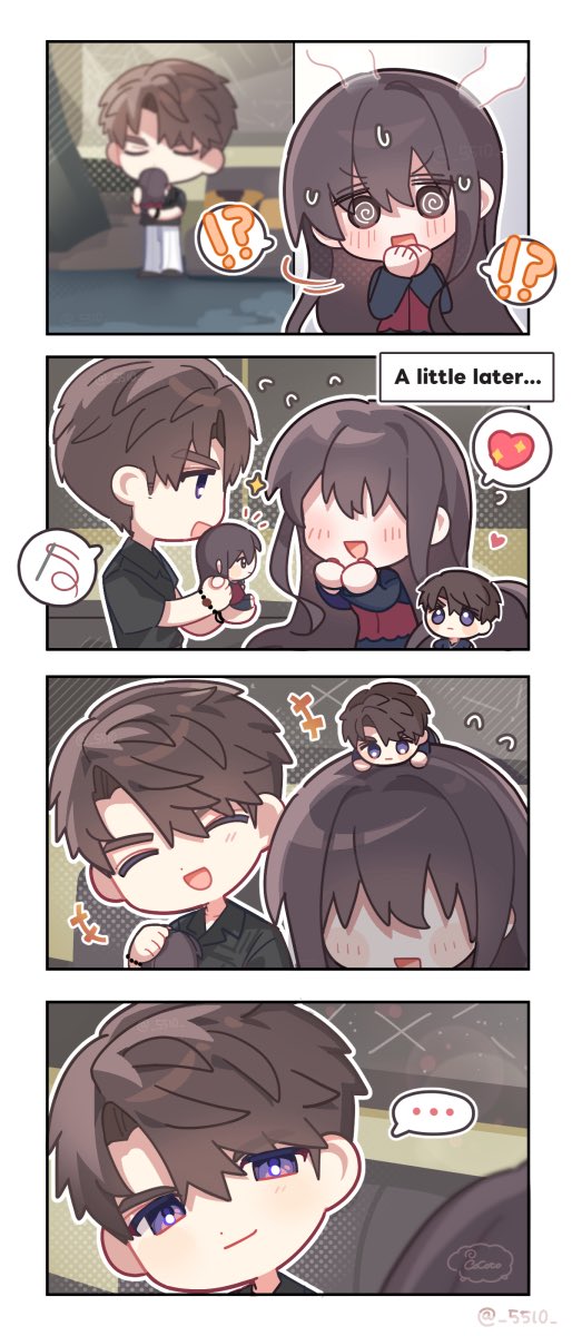 caleb (love and deepspace), protagonist (love and deepspace), love and deepspace, highres, !?, …, 1boy, 1girl, 5510, @ @, black shirt, blue eyes, blush, border, brown hair, character doll, chibi, chibi only, closed eyes, collared shirt, corset, doll, english text, heart, long hair, open mouth, red corset, shirt, short hair, smile, spoken ellipsis, spoken heart, sweatdrop, twitter username, white border