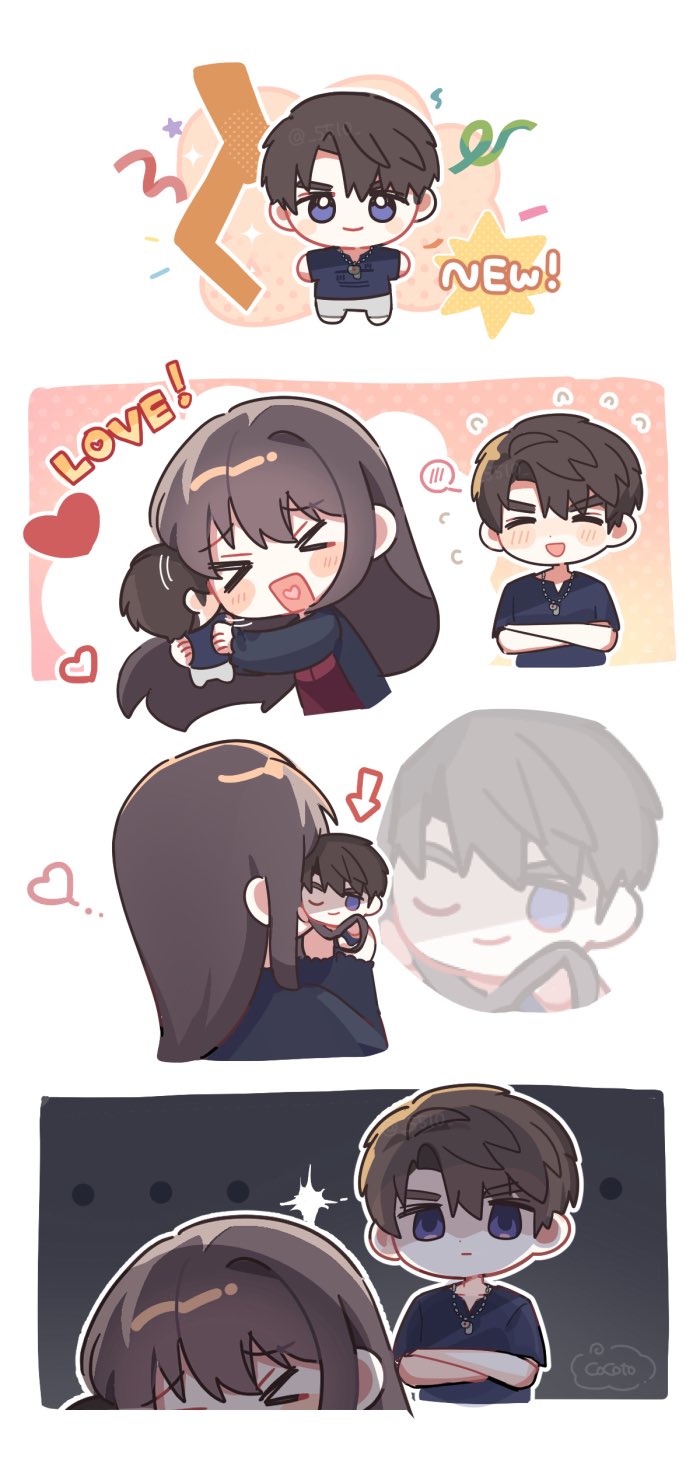 caleb (love and deepspace), protagonist (love and deepspace), love and deepspace, highres, > <, 1boy, 1girl, 5510, :d, black shirt, blush stickers, border, brown hair, character doll, chibi, chibi only, crossed arms, dog tags, doll, long hair, one eye closed, open mouth, shaded face, shirt, short hair, smile, spoken blush, streamers, white border, xd