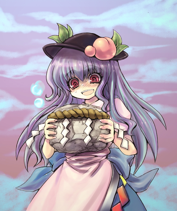 gem (ddt), gem (pixiv), hinanawi tenshi, touhou, bad id, bad pixiv id, 1girl, blue hair, female focus, food, fruit, hat, long hair, peach, solo, yandere