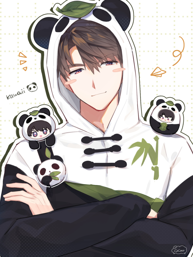 caleb (love and deepspace), love and deepspace, 1boy, 5510, animal costume, animal hood, blush stickers, brown hair, closed mouth, crossed arms, grid background, hair between eyes, hood, hood up, leaf, leaf on head, light smile, male focus, panda, panda hood, paper airplane, purple eyes, short hair, solo