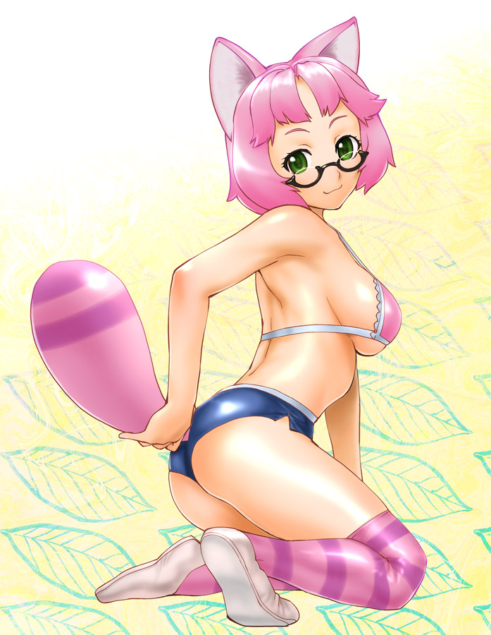 ueyama michirou, pokonyan (character), pokonyan (series), 1girl, :3, animal ears, arm behind back, arm support, armpits, ass, ass cutout, back, bespectacled, bikini, bikini top only, black-framed eyewear, breasts, clothing cutout, female focus, full body, genderswap, genderswap (mtf), glasses, gradient background, green eyes, holding own tail, kneeling, large breasts, leaf, leaf background, looking at viewer, looking back, parted bangs, personification, pink bikini, pink hair, pink thighhighs, profile, purple thighhighs, raccoon ears, raccoon tail, semi-rimless eyewear, shiny clothes, shoes, short hair, short shorts, shorts, side slit, sideboob, slippers, smile, solo, striped clothes, striped thighhighs, swimsuit, tail, tail through clothes, thighhighs, tiptoes, under-rim eyewear, underboob, yellow background