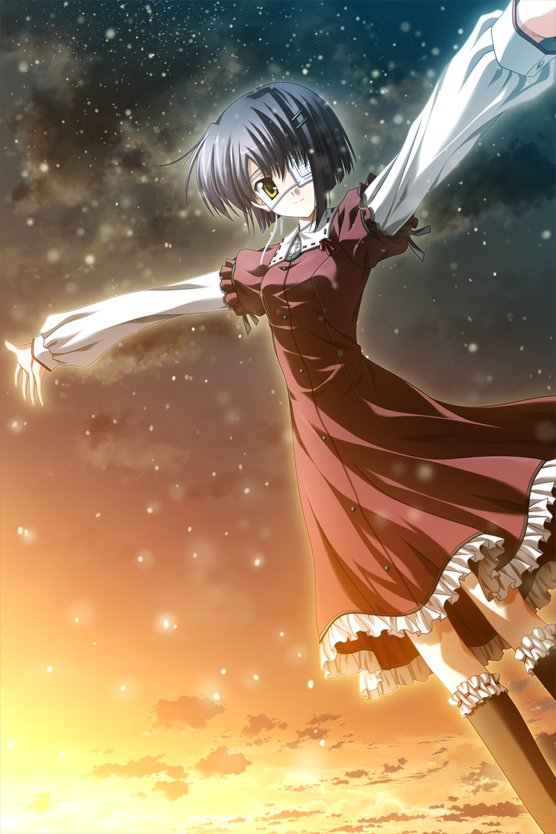 nanao naru, shindou chihiro, ef (visual novel), highres, 00s, black hair, cloud, dress, eyepatch, short hair, sky, snow, solo
