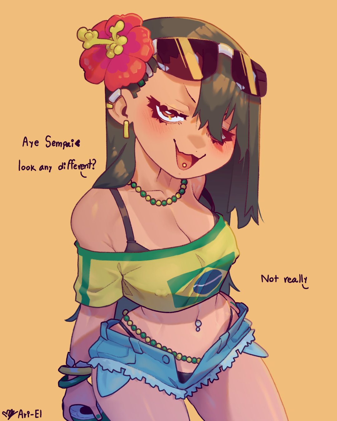 ahri el90, brazilian miku, hatsune miku, nagatoro hayase, ijiranaide nagatoro-san, highres, 1girl, :d, bikini, black bikini, black hair, brazilian flag, brazilian flag print, breasts, brown eyes, cleavage, cosplay, denim, denim shorts, earrings, eyewear on head, flag print, flower, hair flower, hair ornament, hatsune miku (cosplay), jewelry, long hair, looking at viewer, navel piercing, one-piece tan, open mouth, piercing, red flower, shorts, simple background, smile, solo, swimsuit, tan, tanline, tongue piercing, yellow background