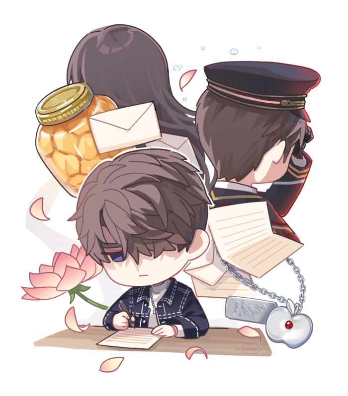 caleb (love and deepspace), protagonist (love and deepspace), love and deepspace, 1boy, 1girl, 5510, apple, black jacket, blue eyes, brown hair, chibi, chibi only, dog tags, envelope, falling petals, flower, food, fruit, hair over one eye, hat, jacket, jar, long hair, lotus, military hat, military uniform, petals, pink flower, pink petals, shirt, short hair, twitter username, white background, white shirt, writing