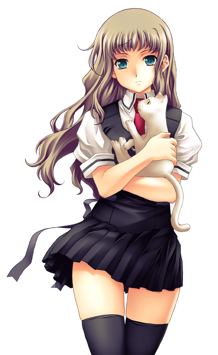 nagayori, highres, 1girl, blue eyes, brown hair, cat, female focus, long hair, school uniform, serafuku, skirt, solo, thighhighs, zettai ryouiki