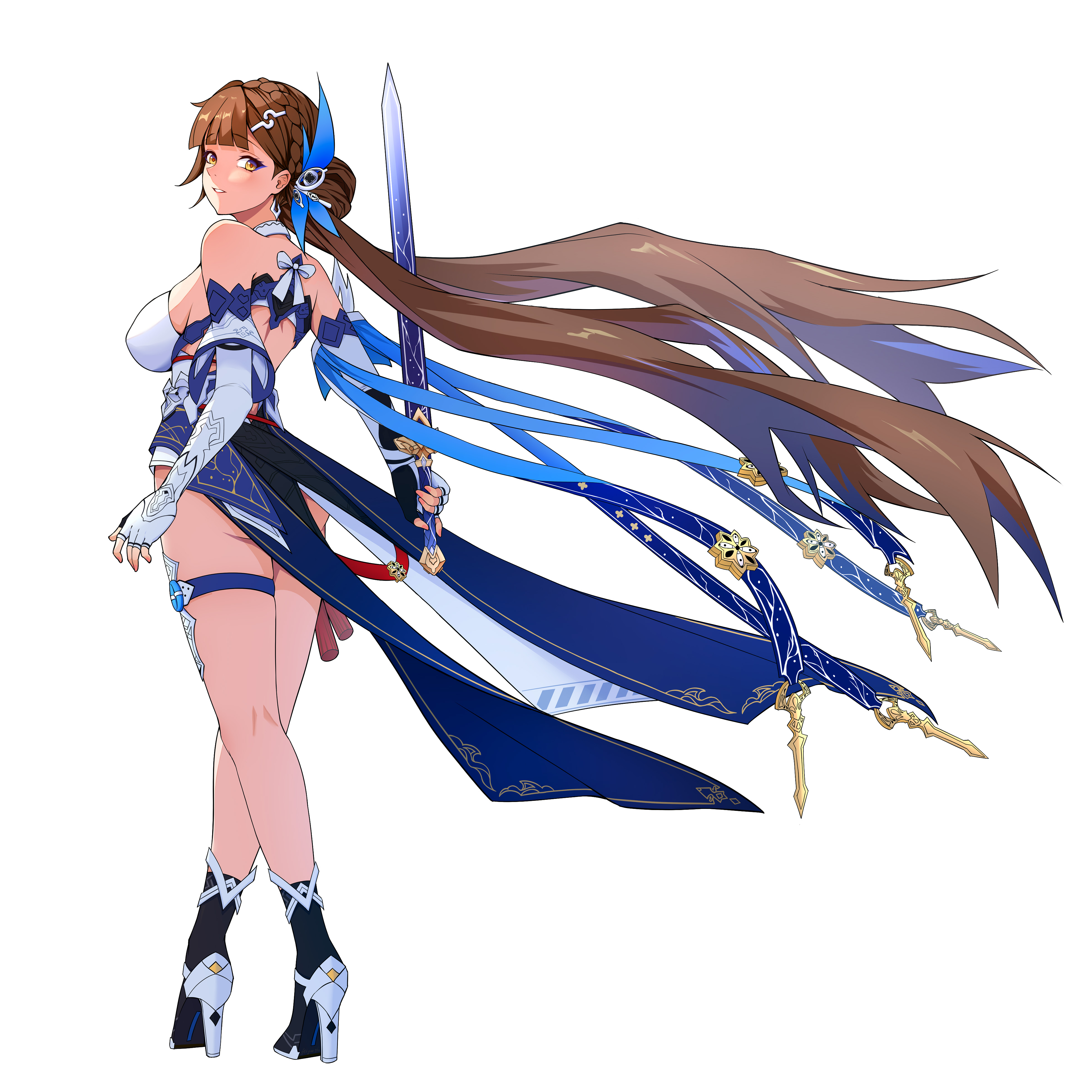 feiyue, li sushang, li sushang (jade knight), honkai (series), honkai impact 3rd, absurdres, commentary, commentary request, highres, 1girl, breasts, brown eyes, brown hair, chinese clothes, dress, from side, full body, high heels, holding, holding sword, holding weapon, kneepits, large breasts, long hair, looking at viewer, sideboob, simple background, solo, sword, very long hair, weapon, white background, white dress