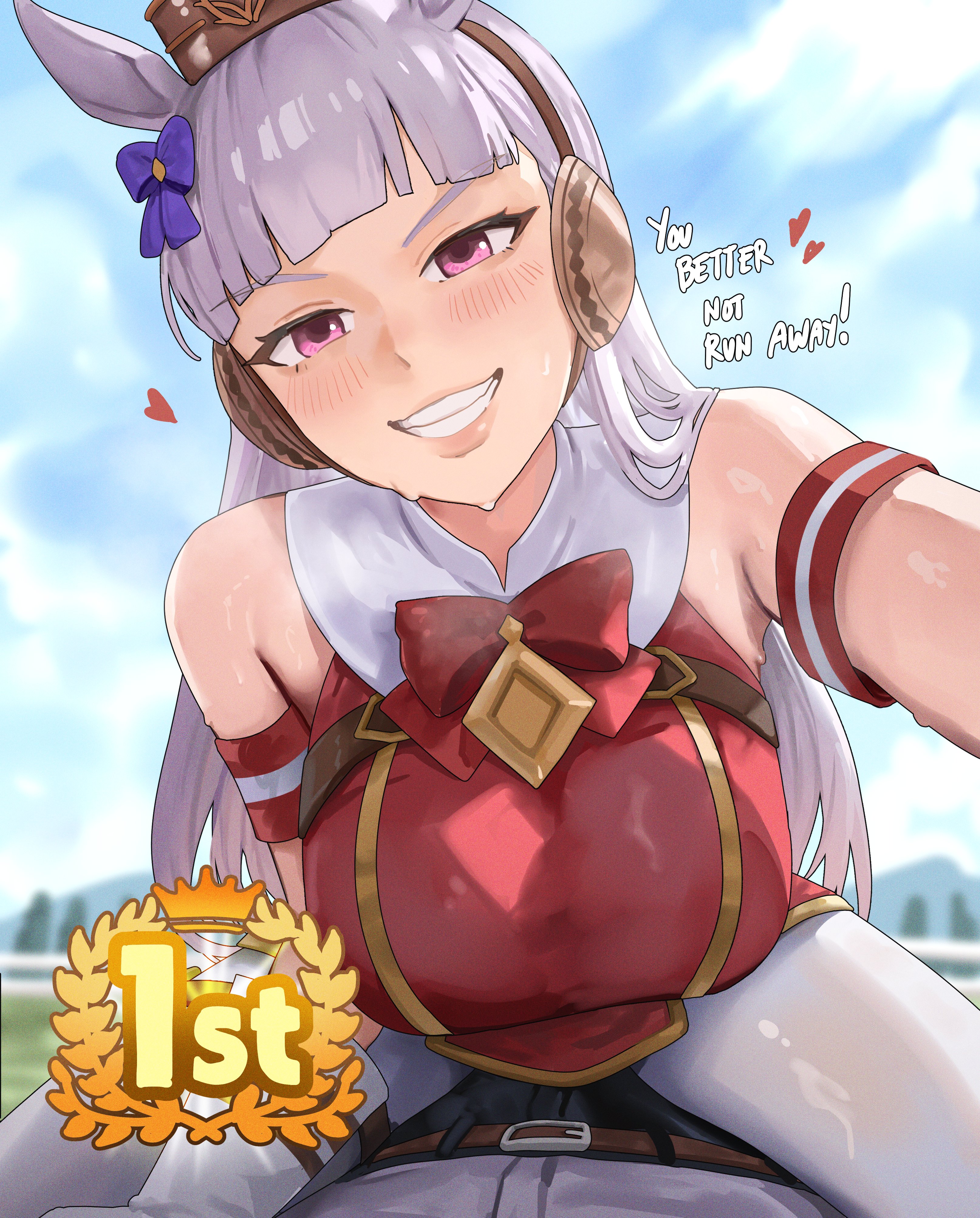 nisakusa, gold ship (umamusume), umamusume, absurdres, highres, 1boy, 1girl, animal ears, bare shoulders, blunt bangs, blush, breasts, english text, girl on top, grin, horse ears, horse girl, large breasts, long hair, pantyhose, pink eyes, pov, sleeveless, smile, sweat, very long hair, white hair, white pantyhose