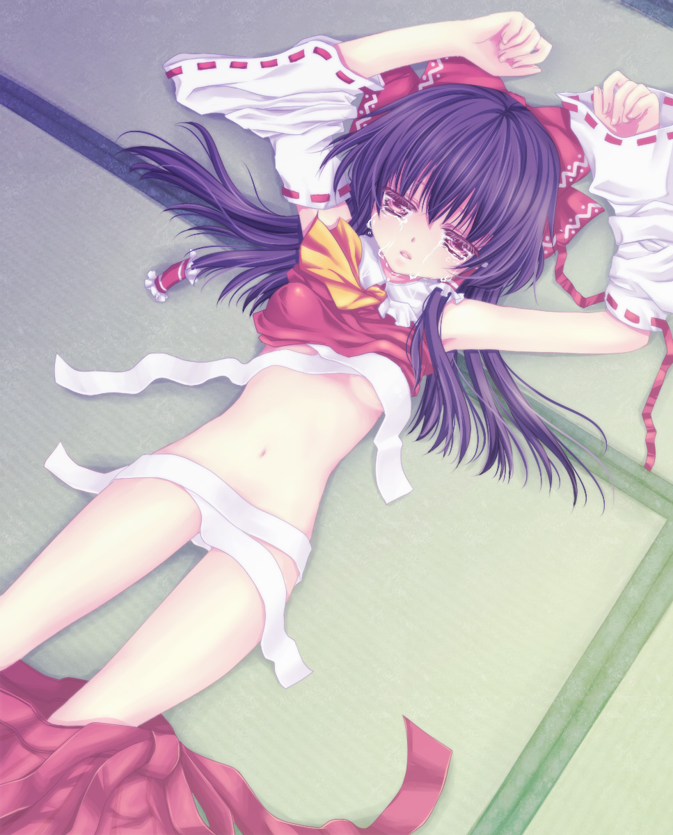 mikazuki sara, hakurei reimu, touhou, bad id, bad pixiv id, highres, 1girl, armpits, bandages, black hair, breasts, female focus, indoors, japanese clothes, lying, miko, nude, pink eyes, ribbon, sarashi, skirt, solo, tatami, tears
