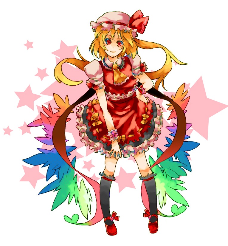 hac, hashiko (pecopom), flandre scarlet, touhou, bad id, bad pixiv id, 1girl, alternate wings, black socks, blonde hair, female focus, frills, hat, kneehighs, looking at viewer, mob cap, ponytail, ribbon, short hair, socks, solo, wings
