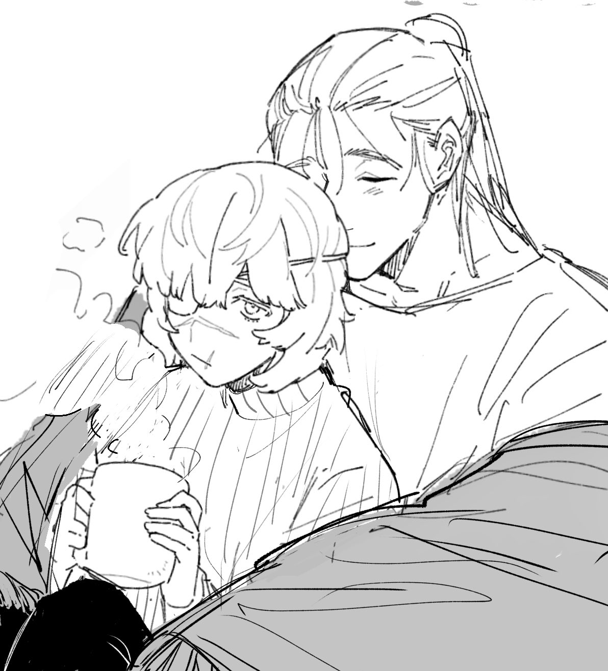 badeni, oczy, chi.: chikyuu no undou ni tsuite, highres, 2boys, black pants, blush, closed eyes, cup, eyepatch, greyscale, hair bun, havuegigwibaini, holding, holding cup, male focus, medium hair, monochrome, multiple boys, pants, ponytail, scar, scar on face, scar on mouth, scar on nose, sketch, smile, steam, sweater, turtleneck, turtleneck sweater, white background, yaoi
