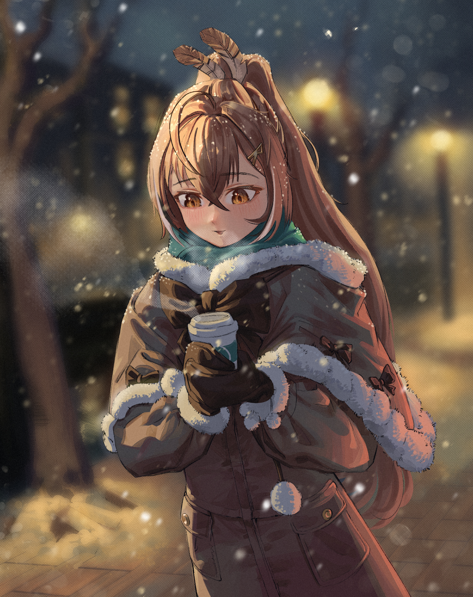 snaileater, nanashi mumei, hololive, hololive english, highres, 1girl, alternate costume, bare tree, blurry, blurry background, bow, brown bow, brown capelet, brown coat, brown eyes, brown gloves, brown hair, capelet, coat, cup, disposable coffee cup, disposable cup, feather hair ornament, feathers, fur-trimmed capelet, fur trim, gloves, hair ornament, holding, holding cup, long hair, night, outdoors, ponytail, snowing, solo, tree, virtual youtuber, white streaks, winter clothes, winter coat