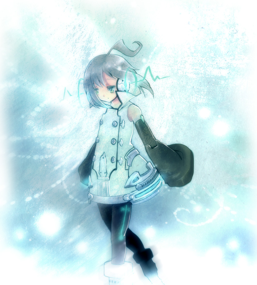 silhouette sakura, utatane piko, vocaloid, 1boy, ahoge, androgynous, blurry, blurry background, detached sleeves, green eyes, grey hair, looking down, male focus, sleeves past fingers, sleeves past wrists, solo, walking