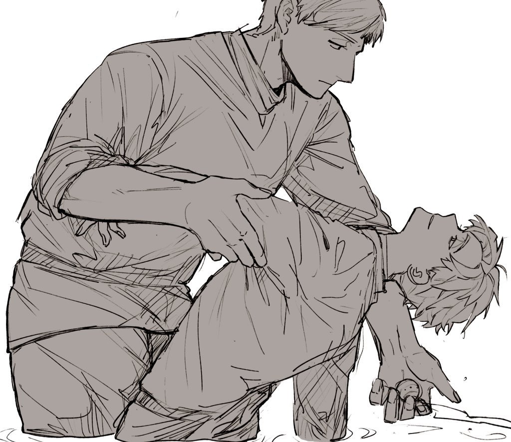 rafal (chi.), chi.: chikyuu no undou ni tsuite, 2boys, albert brudzewski (chi.), greyscale, havuegigwibaini, holding, holding another's arm, holding jewelry, holding necklace, jewelry, leaning back, leaning forward, looking at another, male focus, monochrome, multiple boys, necklace, parted bangs, parted lips, partially submerged, short hair, sketch, sleeves rolled up, white background, yaoi