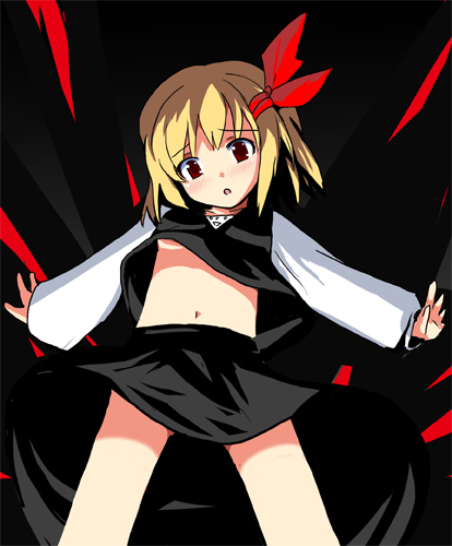 fa no hito, rumia, embodiment of scarlet devil, touhou, bad id, bad pixiv id, lowres, 1girl, blonde hair, blush, breasts, female focus, hair ribbon, midriff, outstretched arms, red eyes, ribbon, short hair, small breasts, solo, spread arms, underboob, upshirt